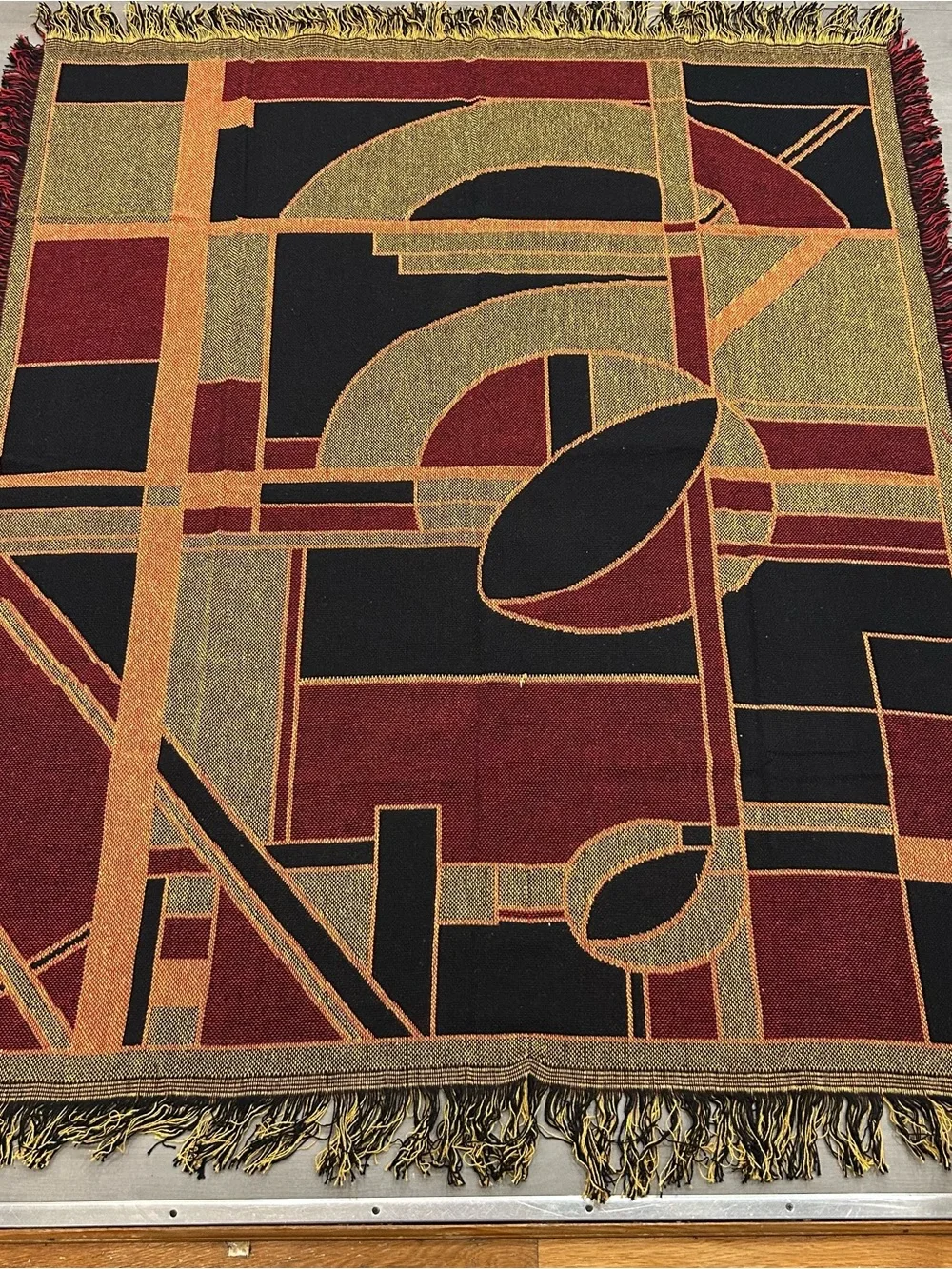 Vintage 90s WGM Abstract Geometric Tapestry Throw Woven Blanket Fringe 44x52